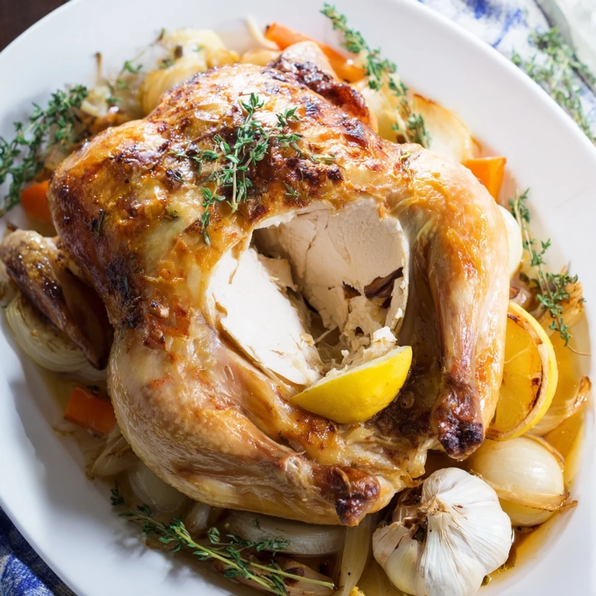 Mediterranean-style roast garlic and lemon chicken carved into tender slices with pan juices