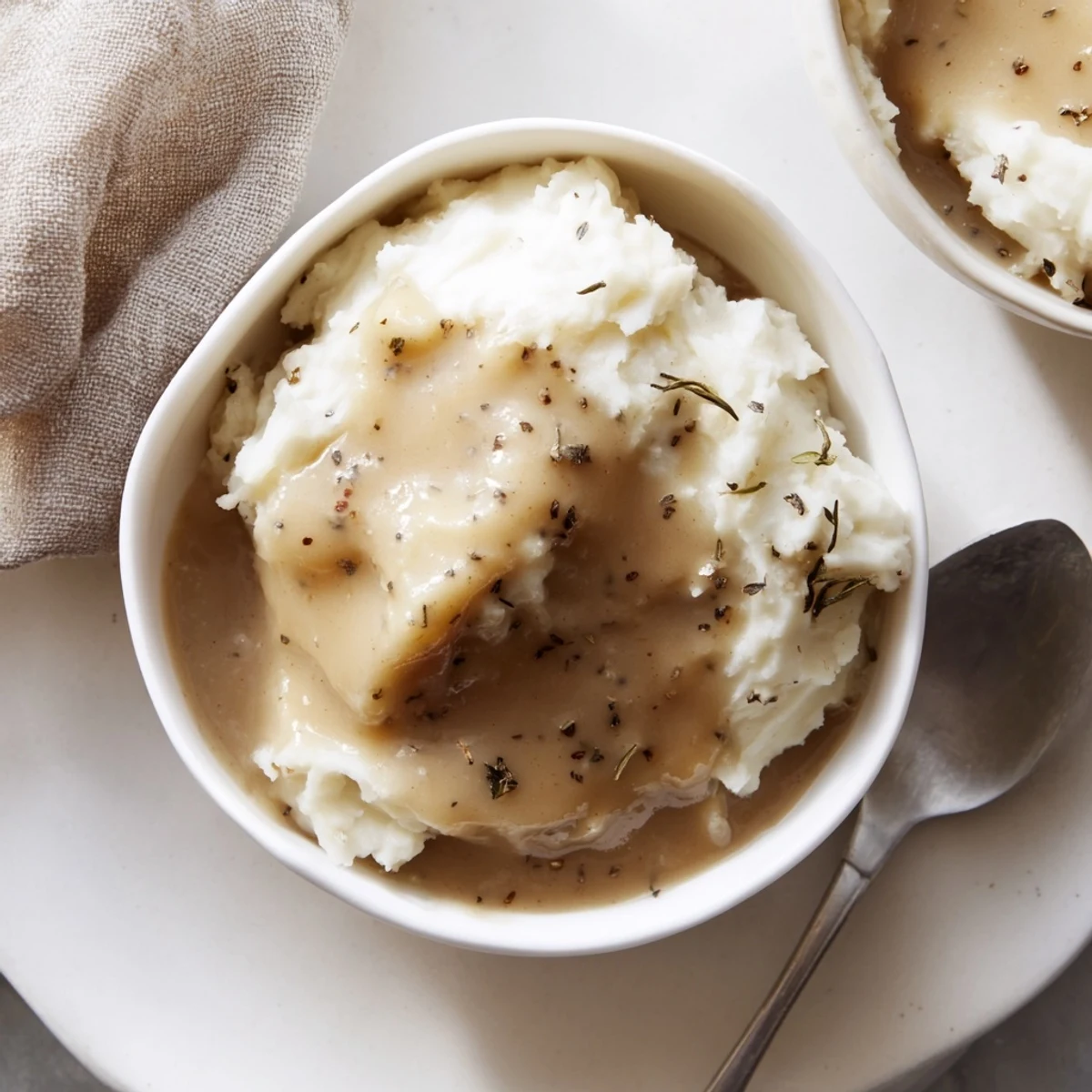 Rich homemade gravy poured generously over fluffy mashed potatoes in a white ceramic bowl