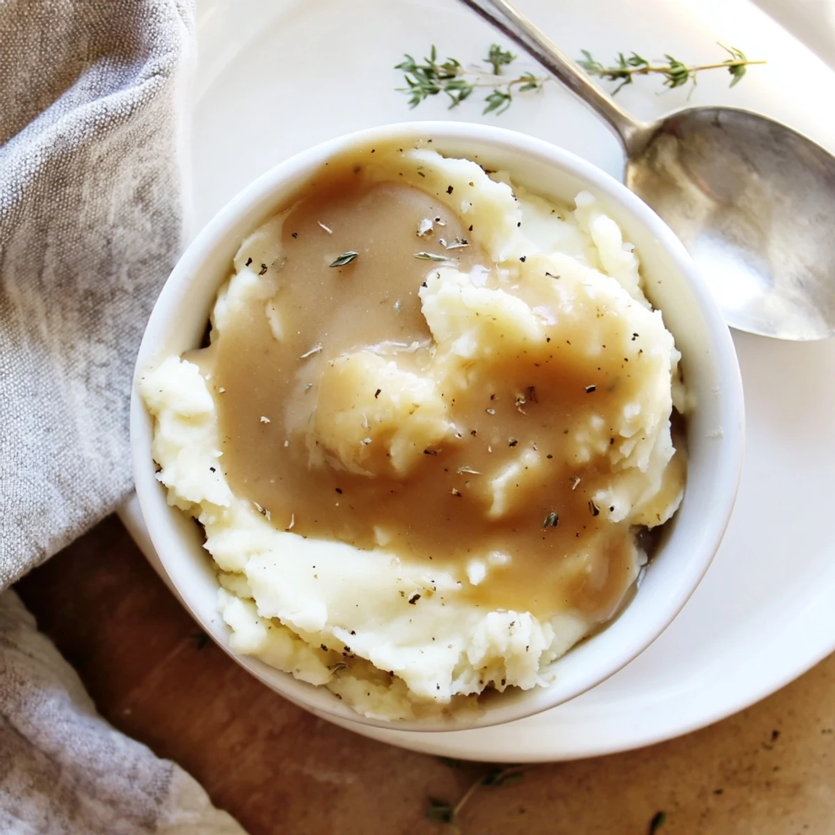 Smooth homemade gravy spooned over sliced roast beef and roasted vegetables on a rustic platter