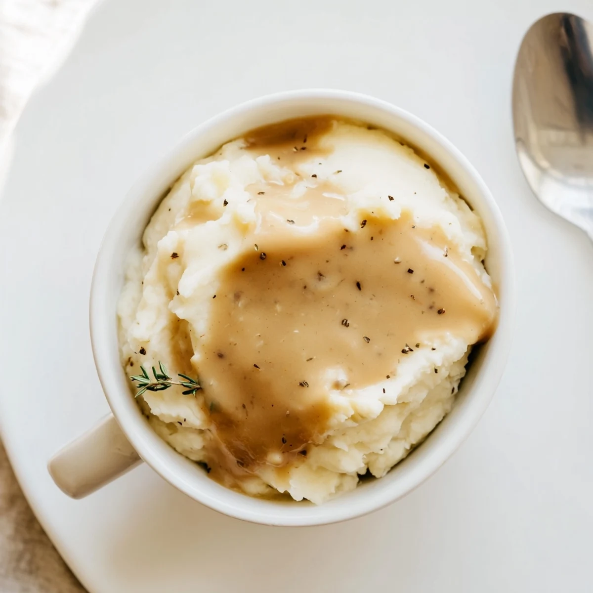 Golden homemade gravy drizzled from a gravy boat atop a holiday roast dinner spread