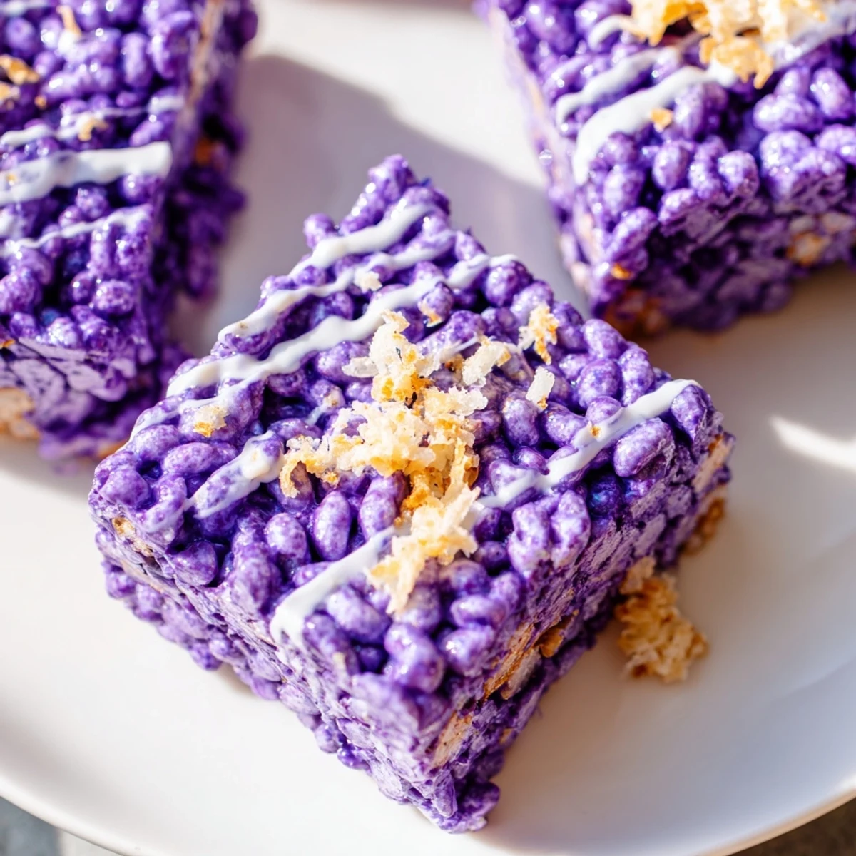 Chewy ube rice krispie treats cut into squares on a white serving plate