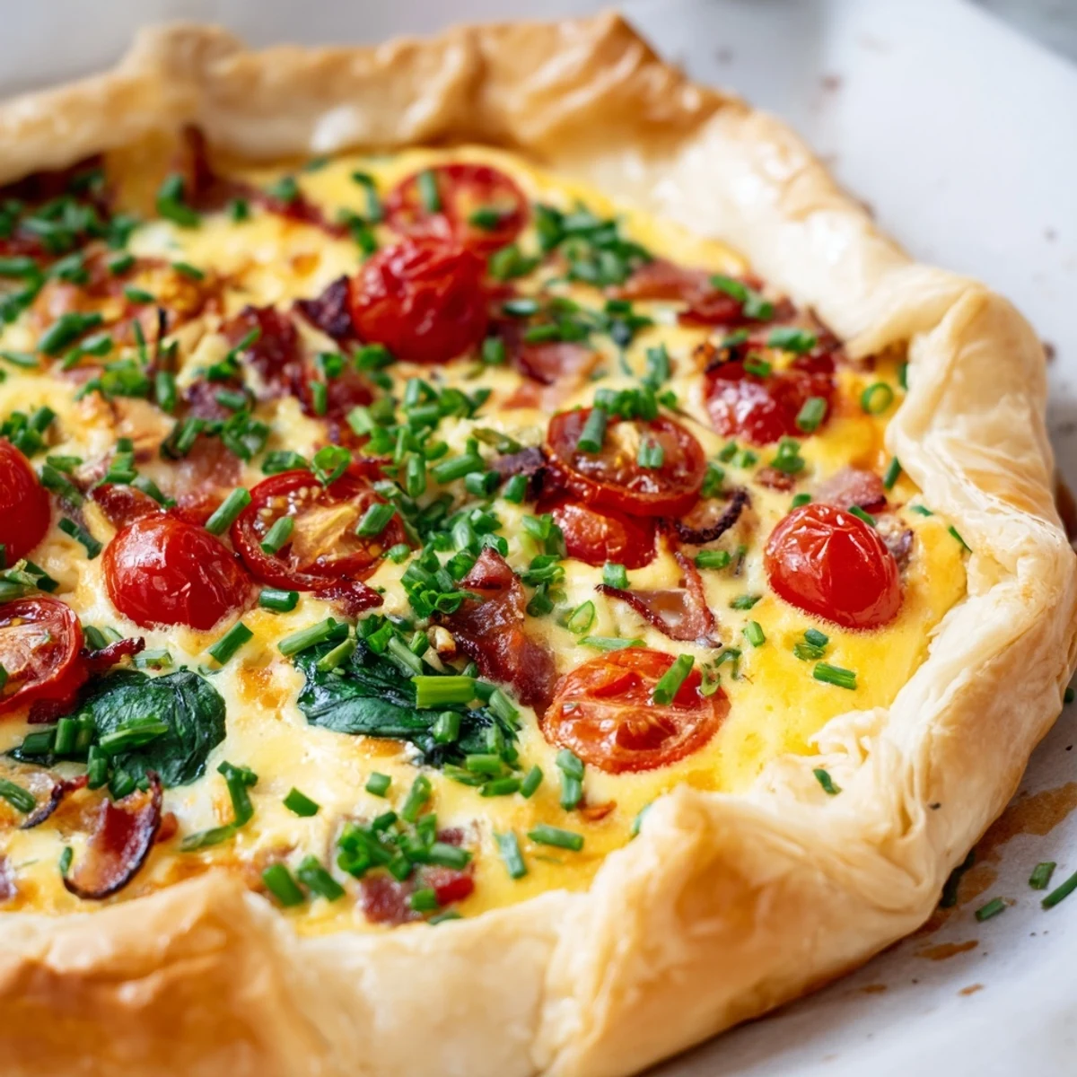 Golden family breakfast tart with flaky pastry crust, cheesy egg custard, and crisp bacon slices