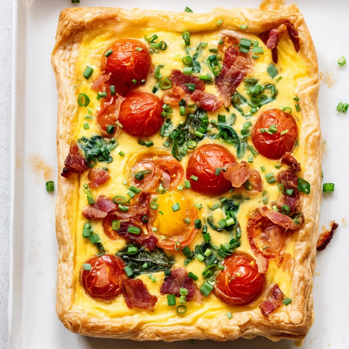 Savory breakfast tart featuring puff pastry filled with fresh spinach, cherry tomatoes, and melted cheddar