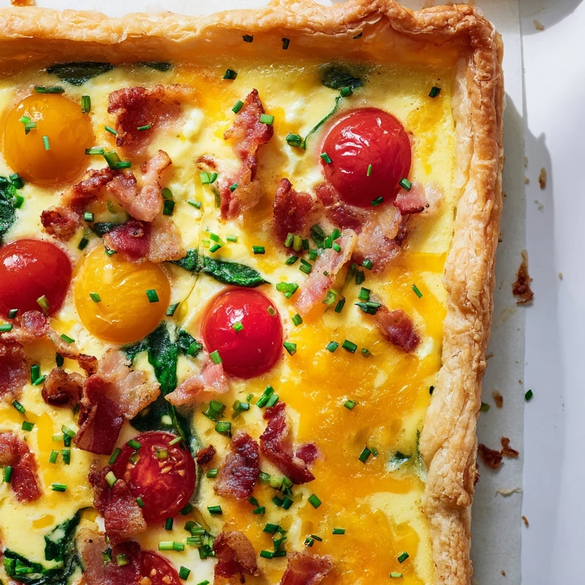 Warm family breakfast tart sliced on a wooden board, garnished with fresh chives for brunch