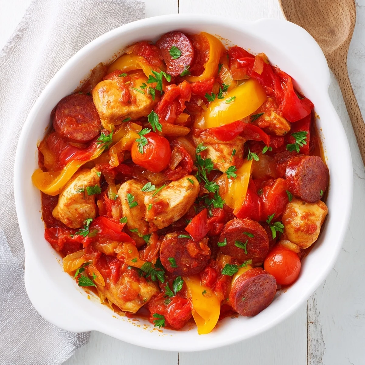 Golden chicken chorizo and tomato casserole bubbling in a Dutch oven with colorful bell pepper pieces.