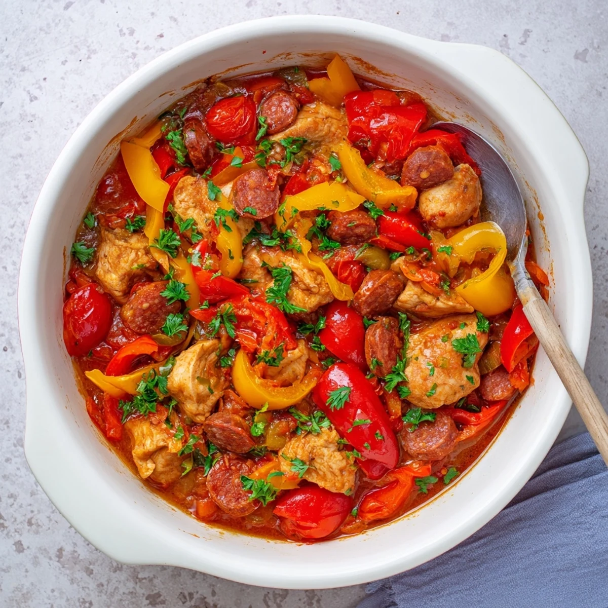 Rustic one-pot chicken chorizo and tomato casserole garnished with fresh parsley and served with crusty bread.