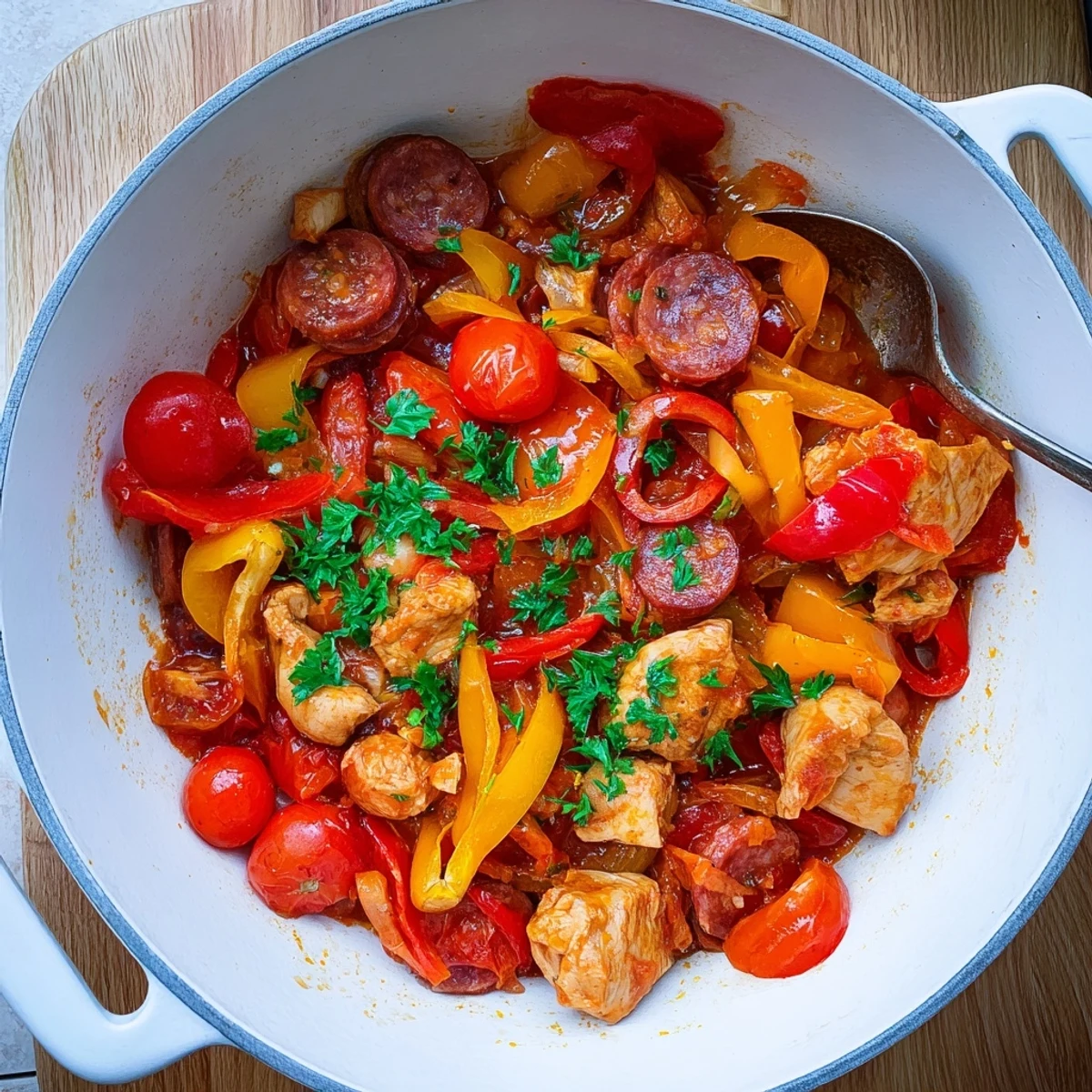 Hearty chicken chorizo and tomato casserole featuring tender chunks of meat swimming in rich, smoky tomato sauce.