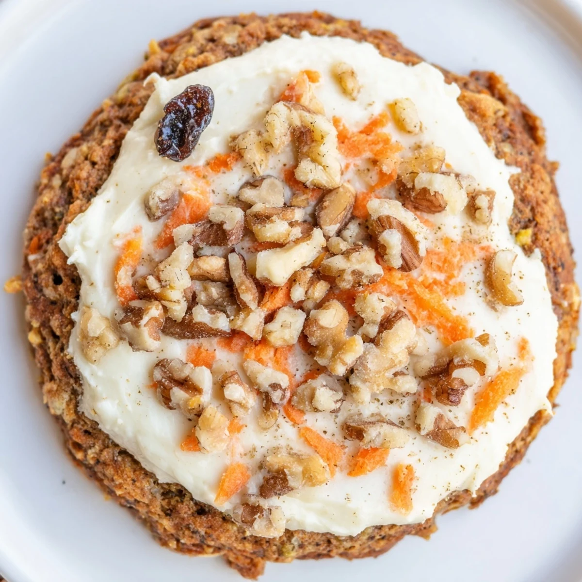 Golden spiced carrot cake cookies with tangy frosting on a white plate