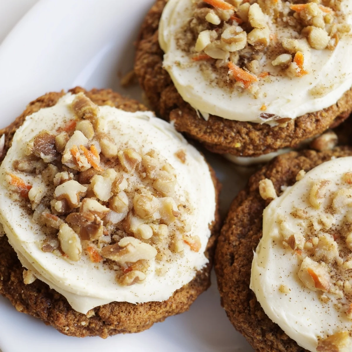 Homemade carrot cake cookies spread with rich cream cheese frosting and sprinkled with nuts