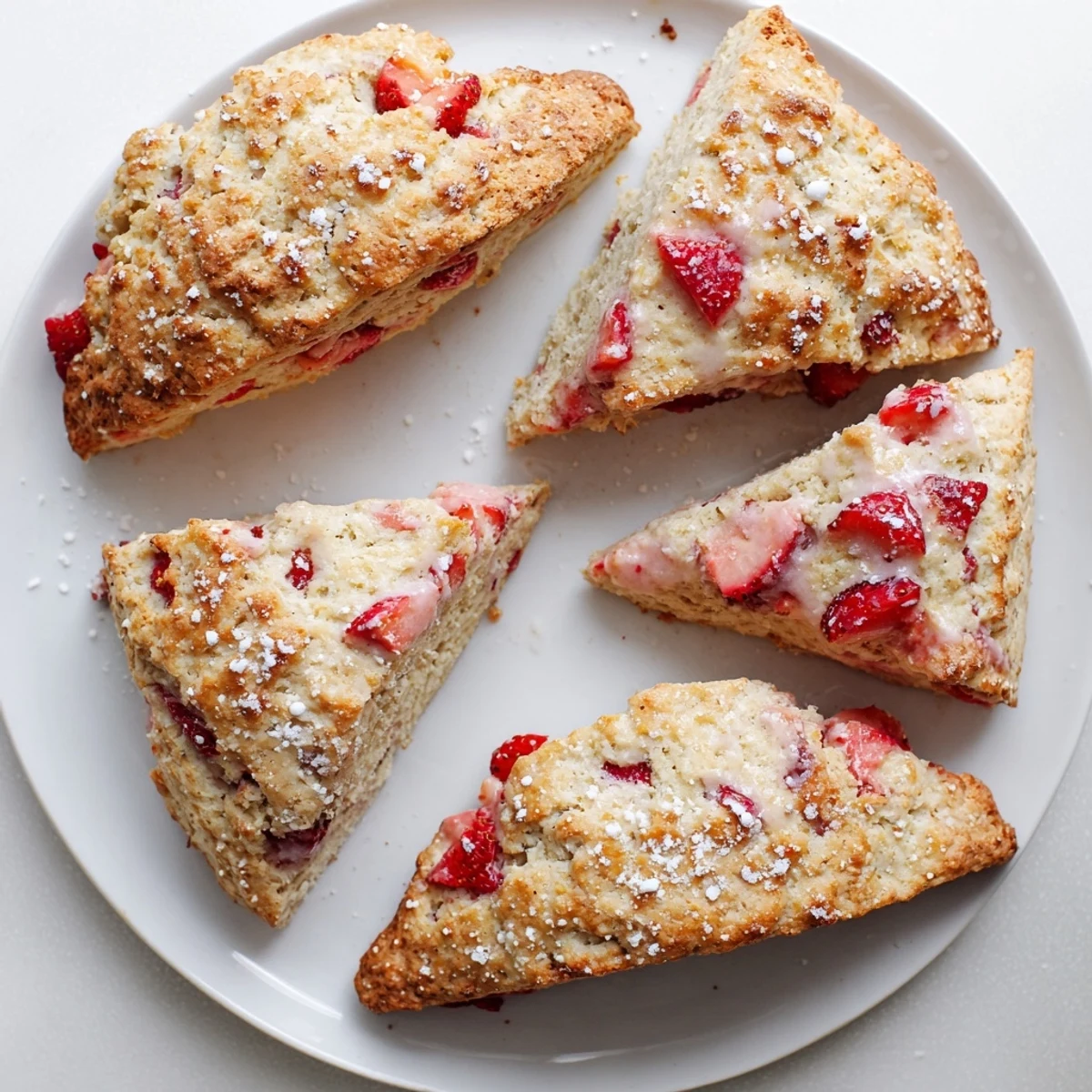 Golden homemade strawberry scones fresh from the oven with juicy red fruit pieces
