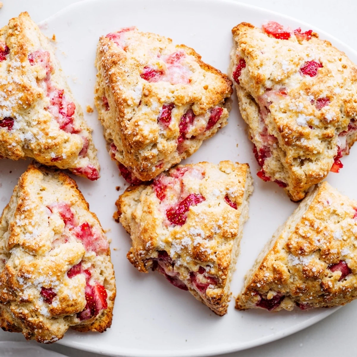 Buttery triangular strawberry scones sprinkled with coarse sugar on a white baking sheet