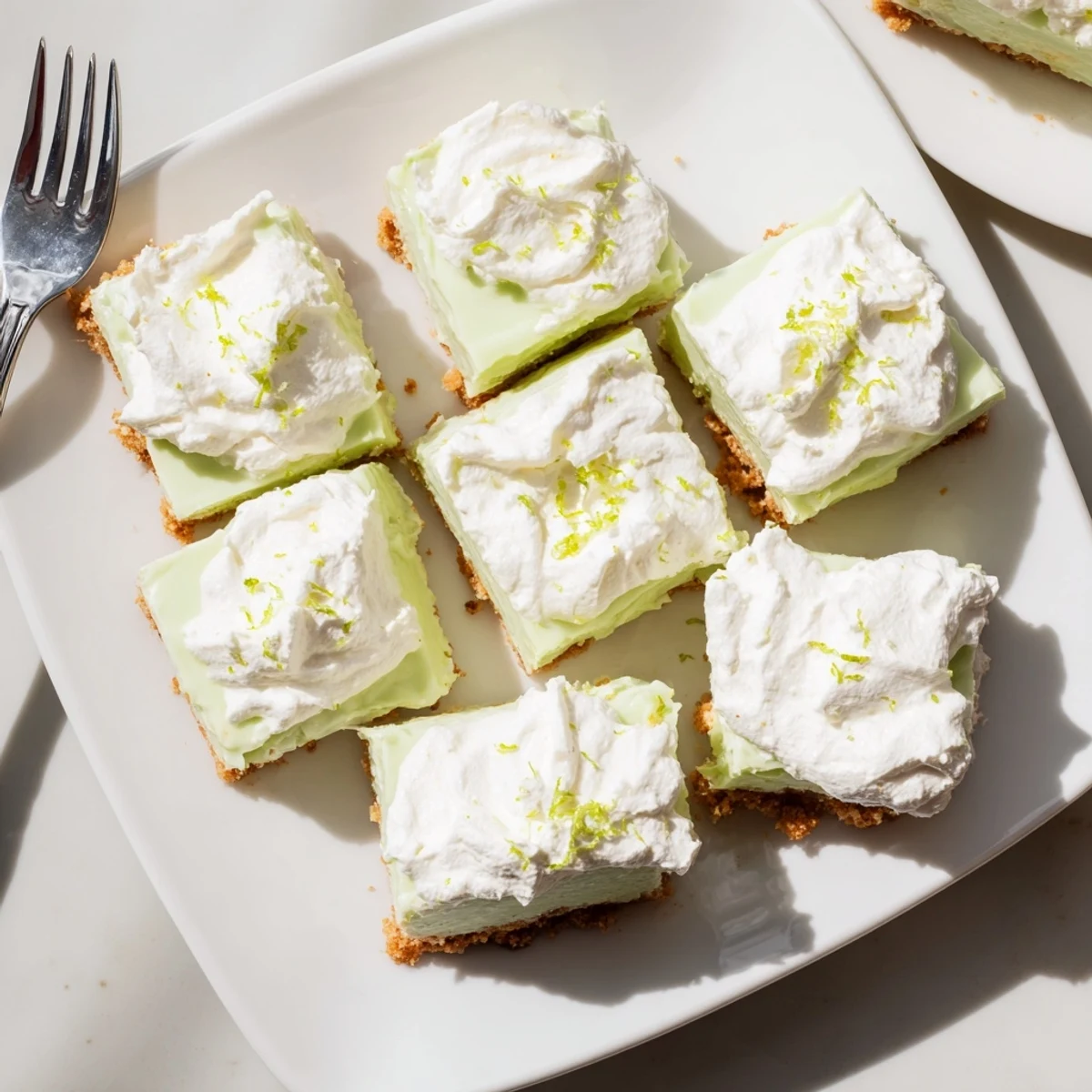 Golden squares of tangy Key Lime Pie Bars topped with fresh zest on a white serving plate