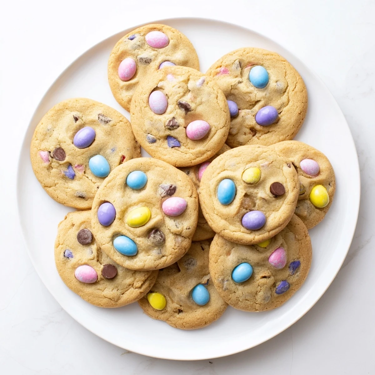 Golden mini egg cookies with colorful chocolate egg pieces scattered on a white plate