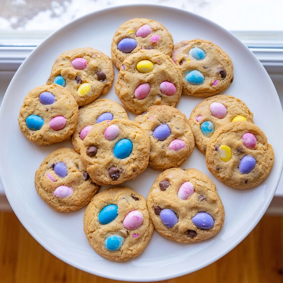 Chewy buttery mini egg cookies topped with pastel chocolate candies, fresh from the oven