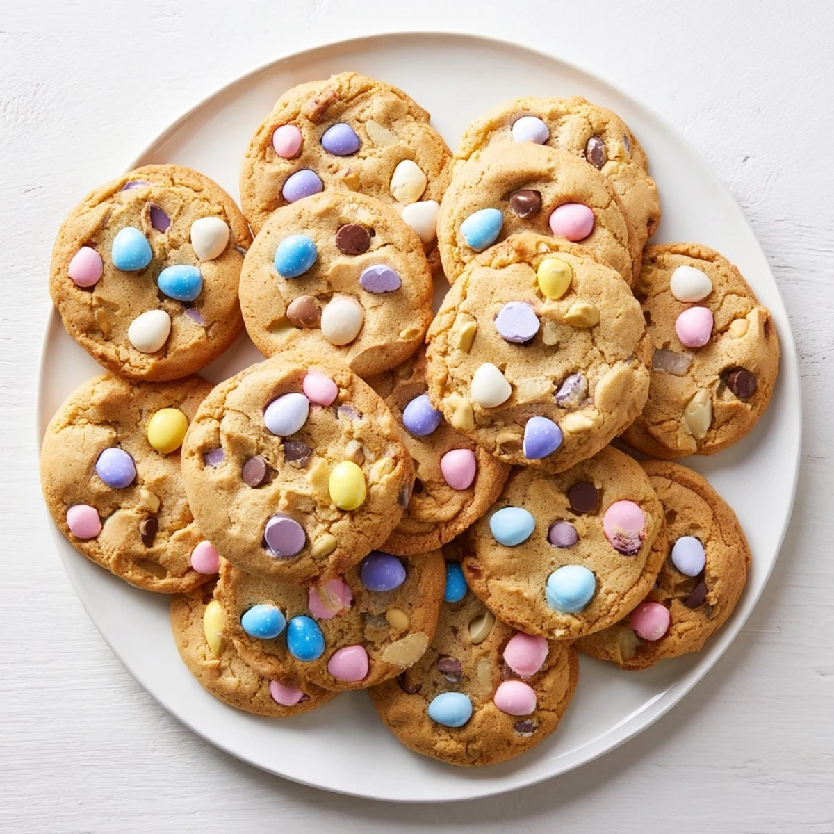 Stack of homemade mini egg cookies studded with crunchy chocolate eggs on a baking sheet