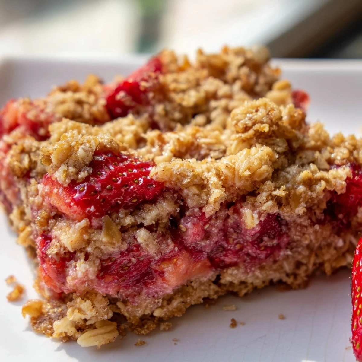 Golden strawberry oatmeal crumble bars featuring bubbling red fruit filling and buttery crumb topping