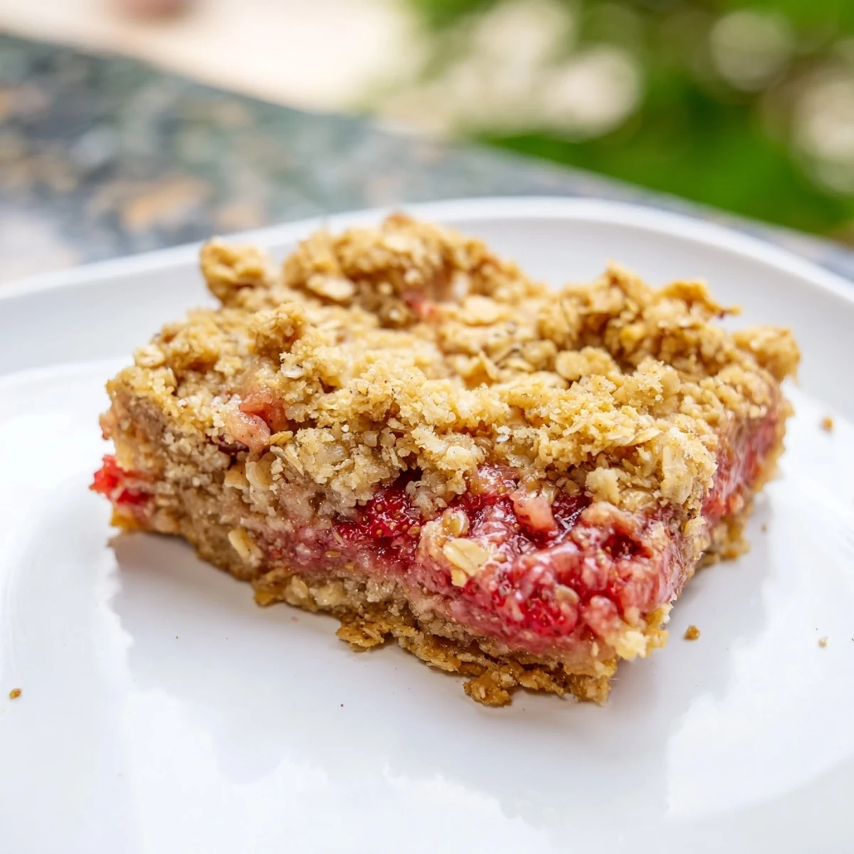 Fresh baked strawberry oatmeal crumble bars cut into rectangles showing juicy red fruit center