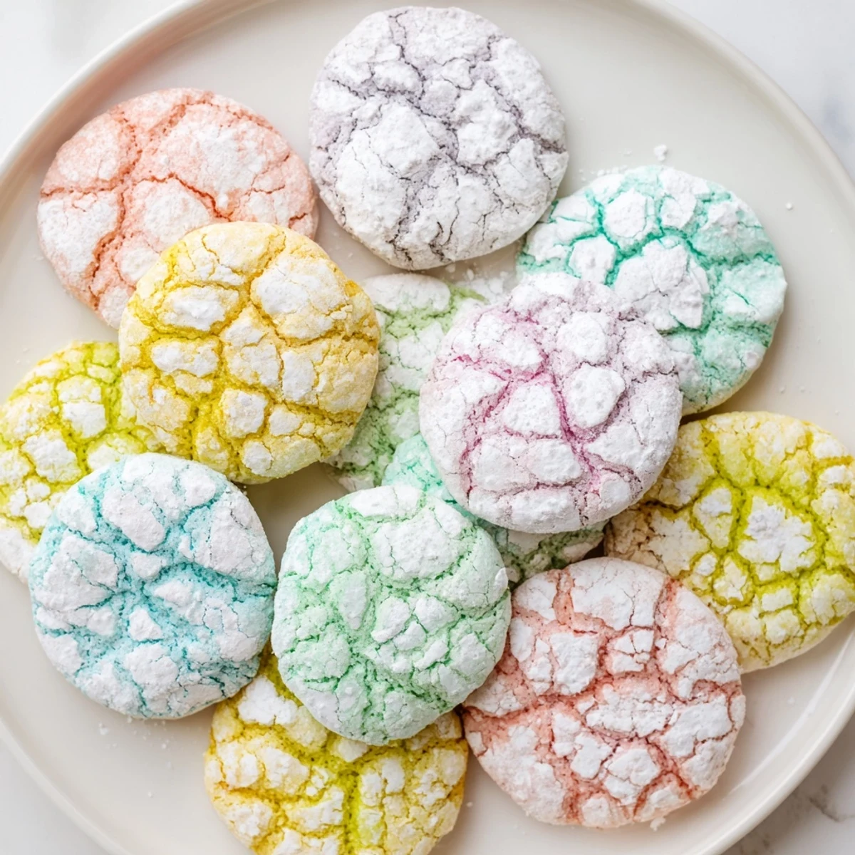 Crackled springtime crinkle cookies in pink yellow and blue colors piled on a baking sheet
