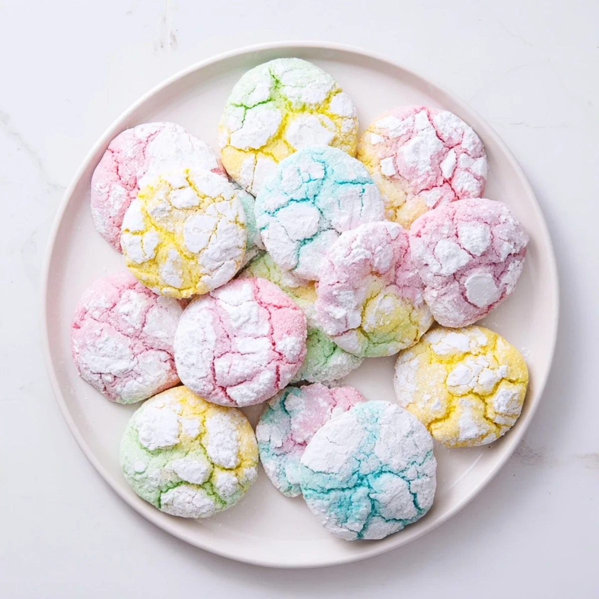 Soft pastel springtime crinkle cookies with white powdered sugar coating on a white plate