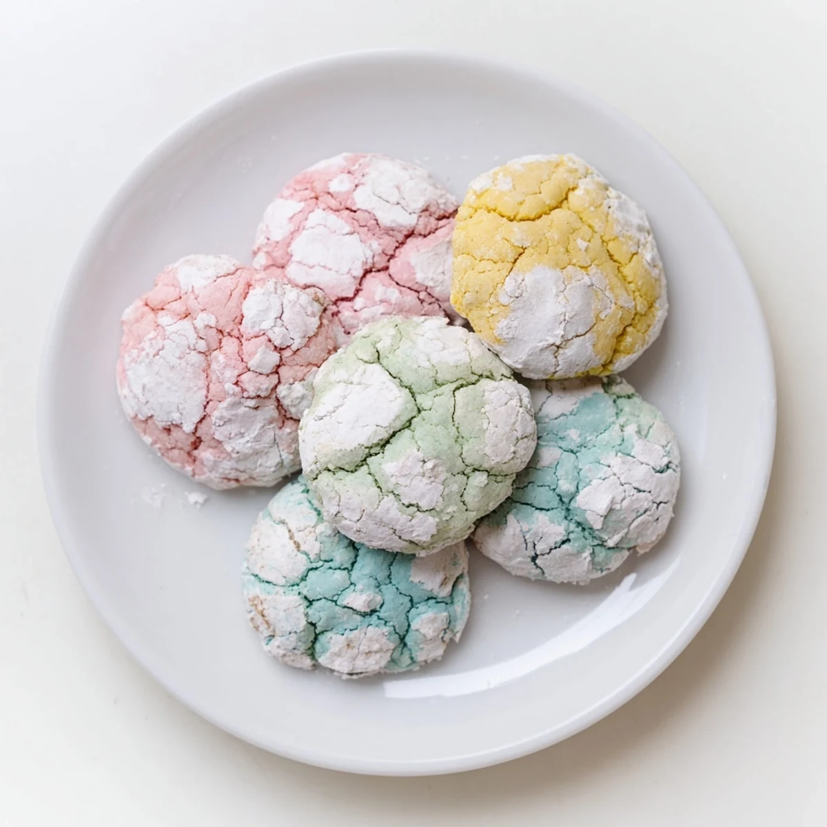 Homemade springtime crinkle cookies featuring a crackled texture and soft colorful centers on a wire rack
