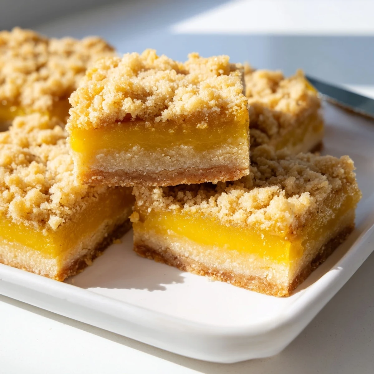 Golden lemon crumb bars with bright tangy custard filling nestled between buttery oat layers