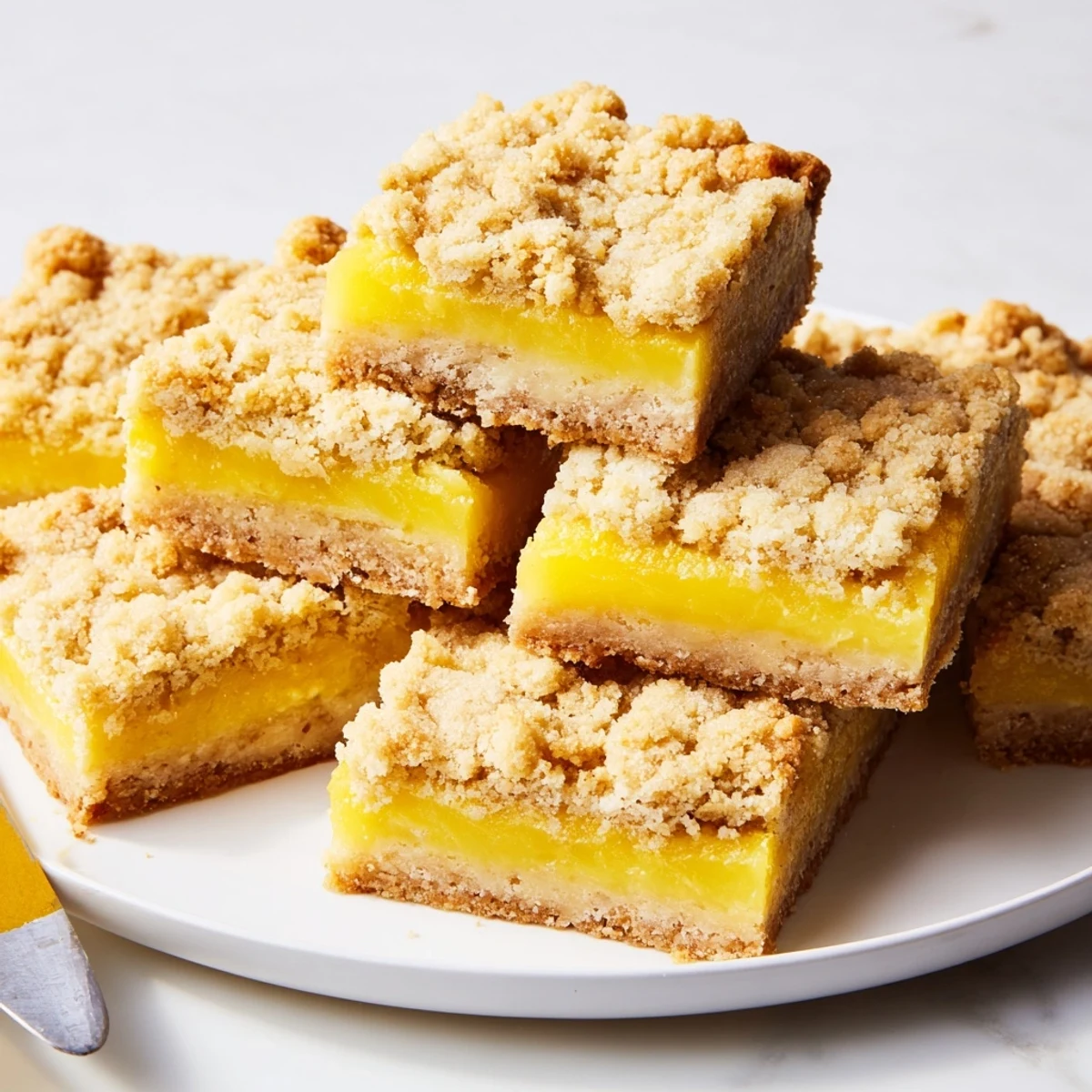 Freshly baked lemon crumb bars cut into squares with powdered sugar dusted on top