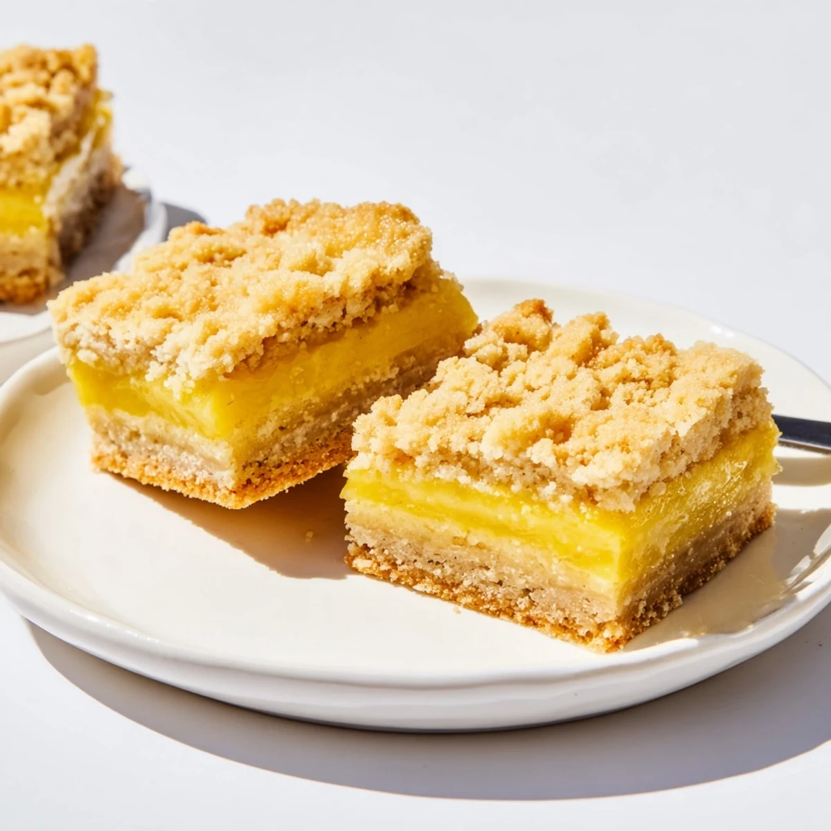 Buttery crumb topped lemon bars cooling in the pan with golden textured crust visible
