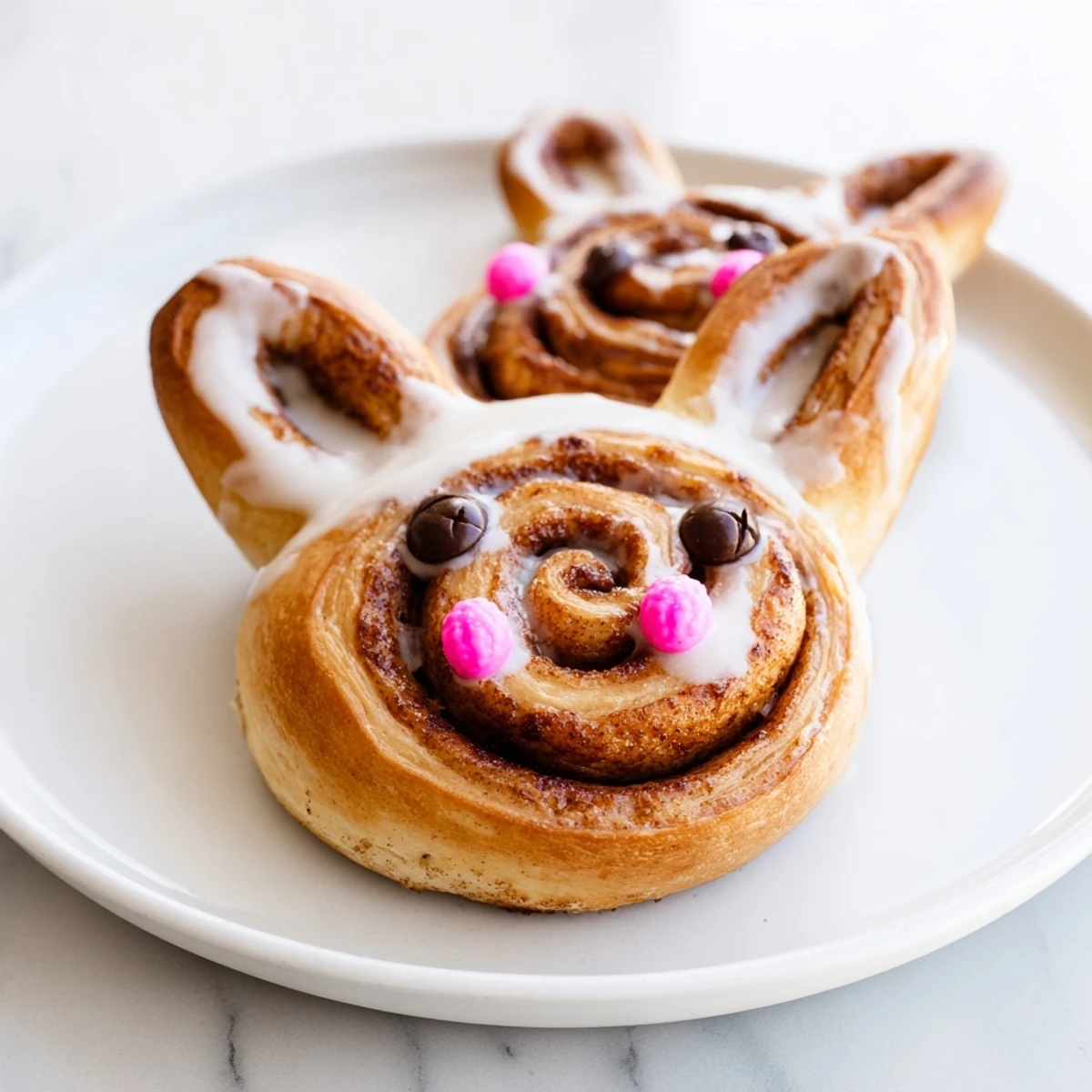 Golden brown Easter Bunny cinnamon rolls drizzled with white vanilla icing and decorated with chocolate chip eyes on a baking sheet
