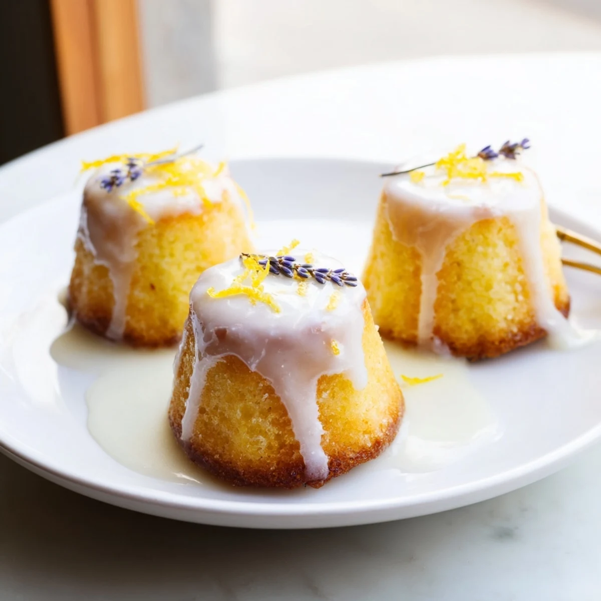 Golden mini lemon cakes drizzled with fragrant lavender glaze on a white serving plate