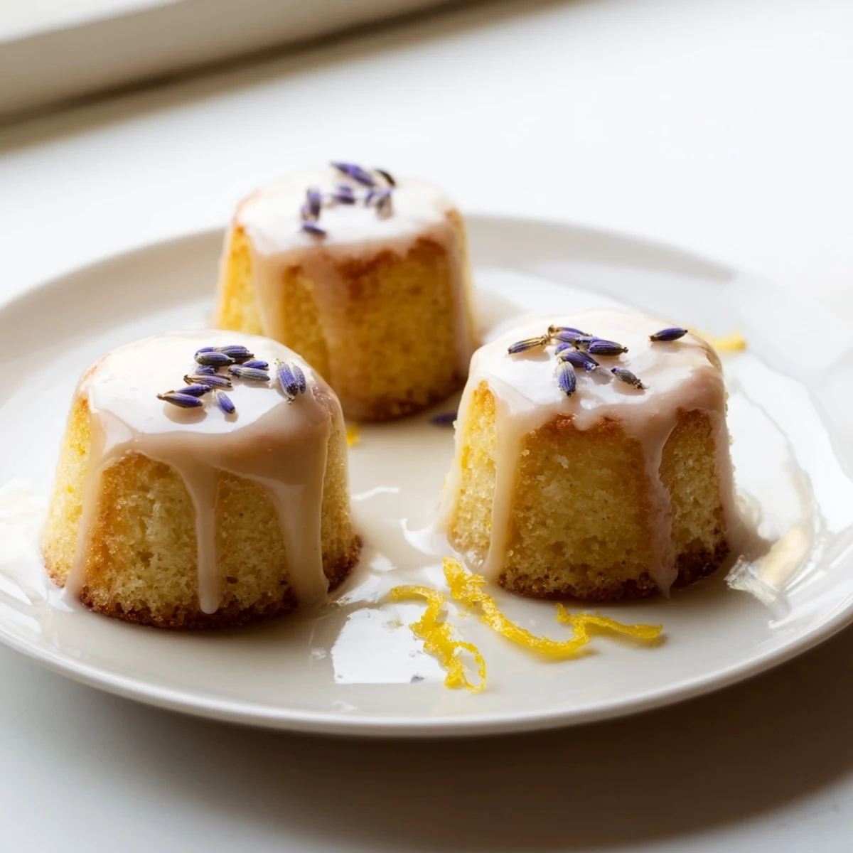Beautifully glazed mini lemon cakes with purple lavender buds arranged on a rustic wooden board