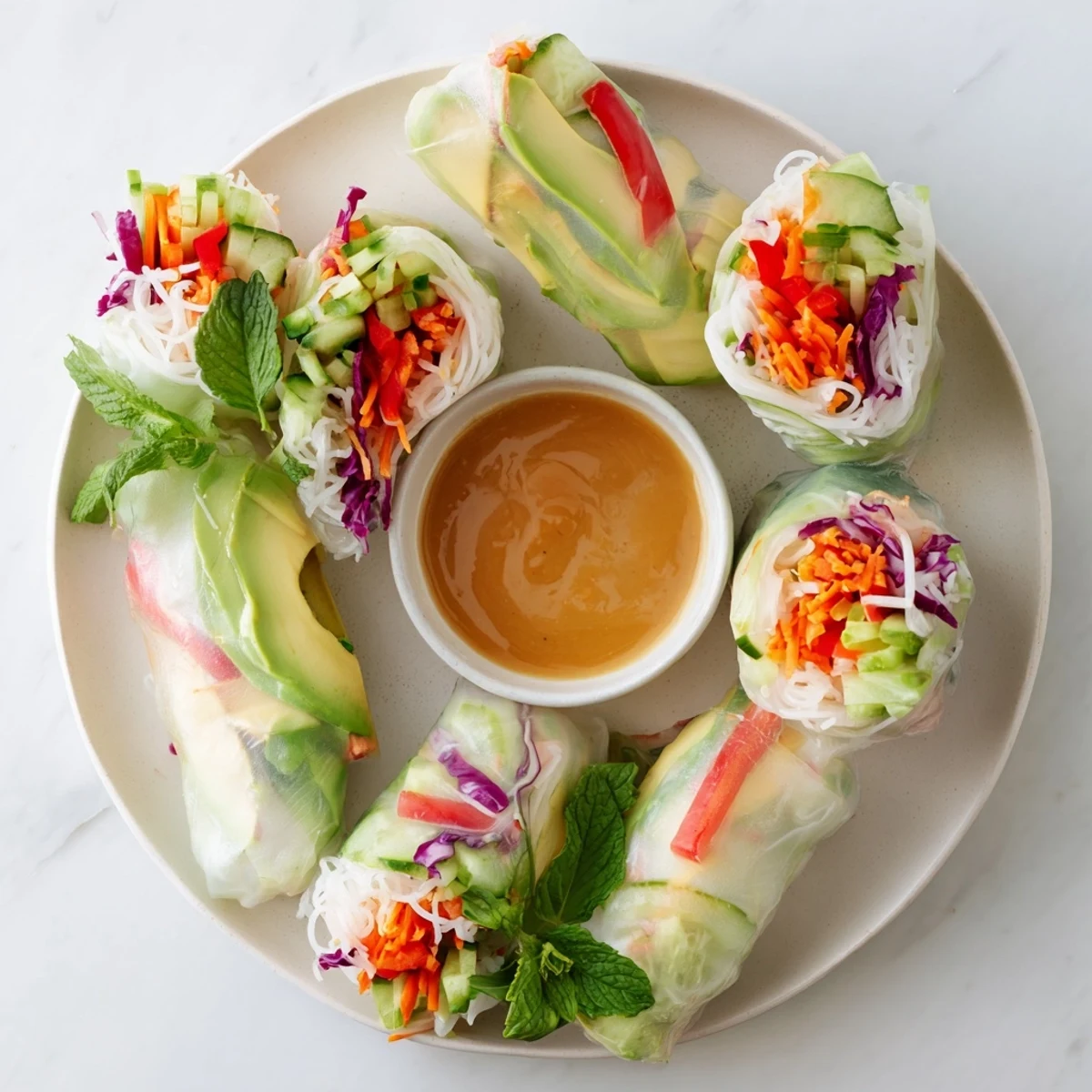 Fresh spring rolls featuring translucent rice paper wrapped around colorful julienned vegetables and fragrant herbs