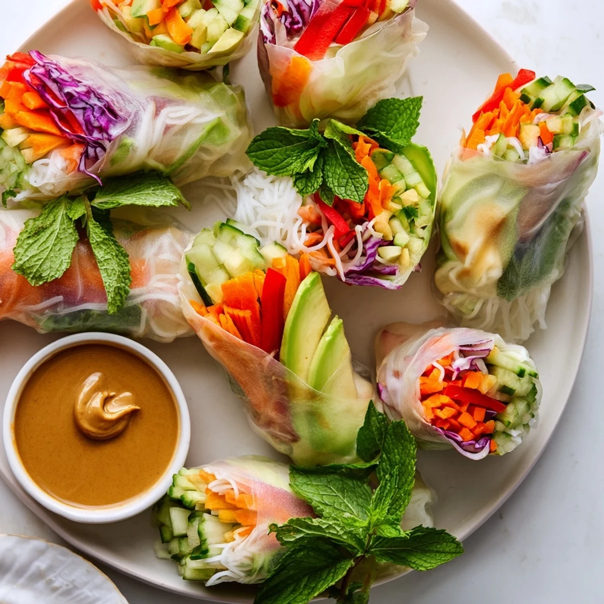 Vietnamese-style fresh spring rolls arranged on a white plate with creamy peanut dipping sauce nearby