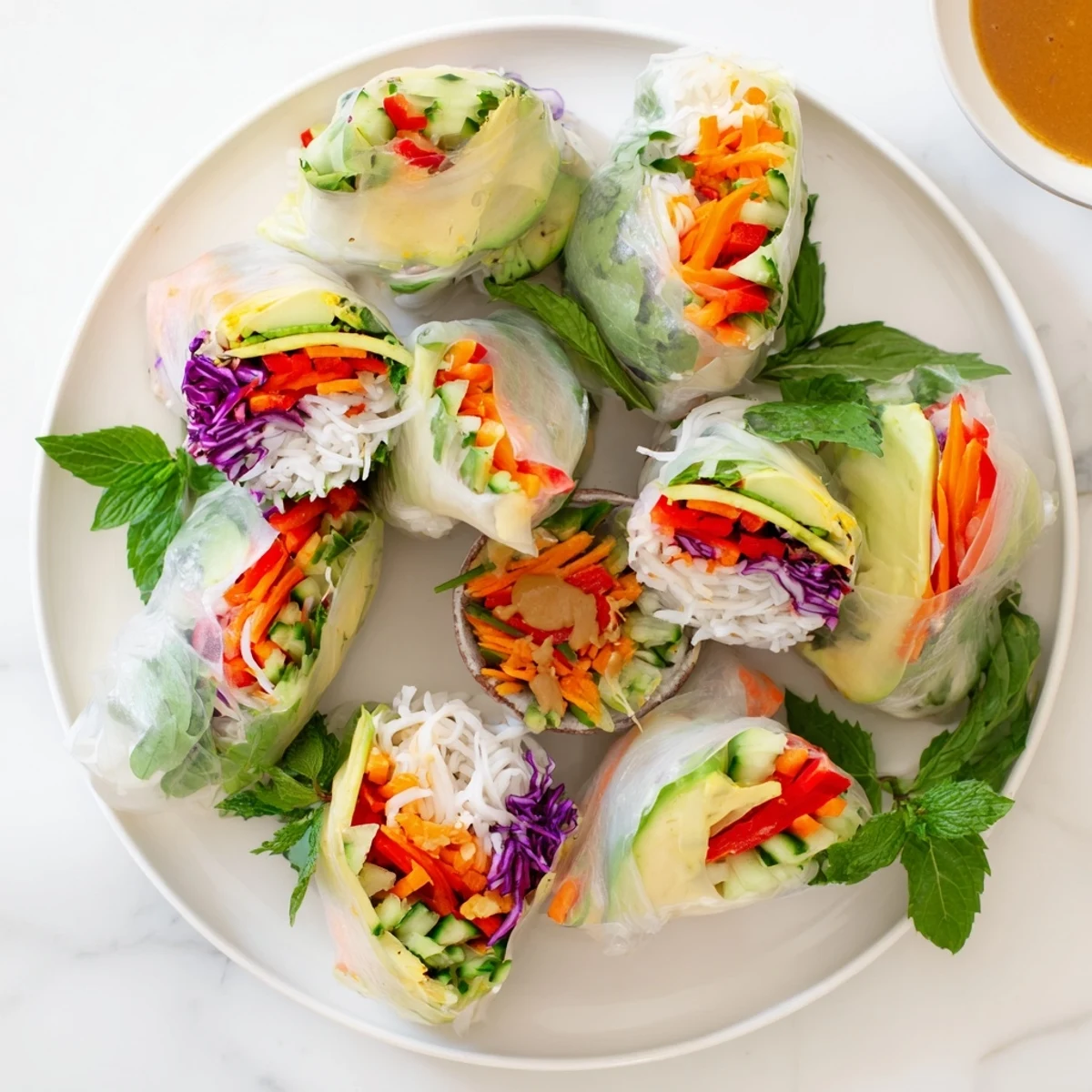 Crisp fresh spring rolls sliced in half to reveal vibrant layers of carrot, cucumber, avocado, and vermicelli noodles