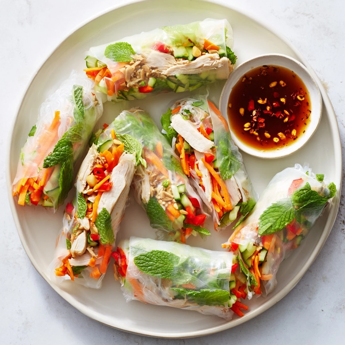 Fresh light chicken veggie spring rolls filled with colorful vegetables and tender sliced chicken breast on a white plate