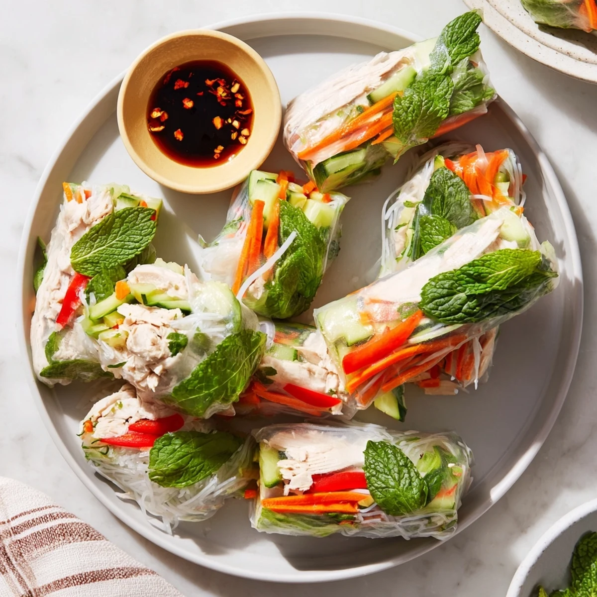 Light chicken veggie spring rolls featuring crisp julienned carrots, cucumber, and red bell pepper wrapped in translucent rice paper