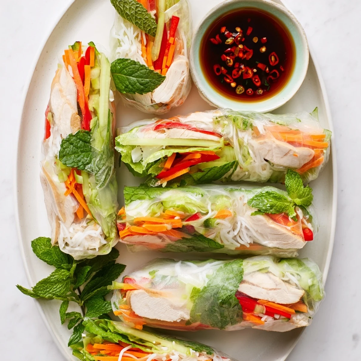 Homemade light chicken veggie spring rolls served with zesty soy ginger dipping sauce alongside fresh mint and cilantro garnish