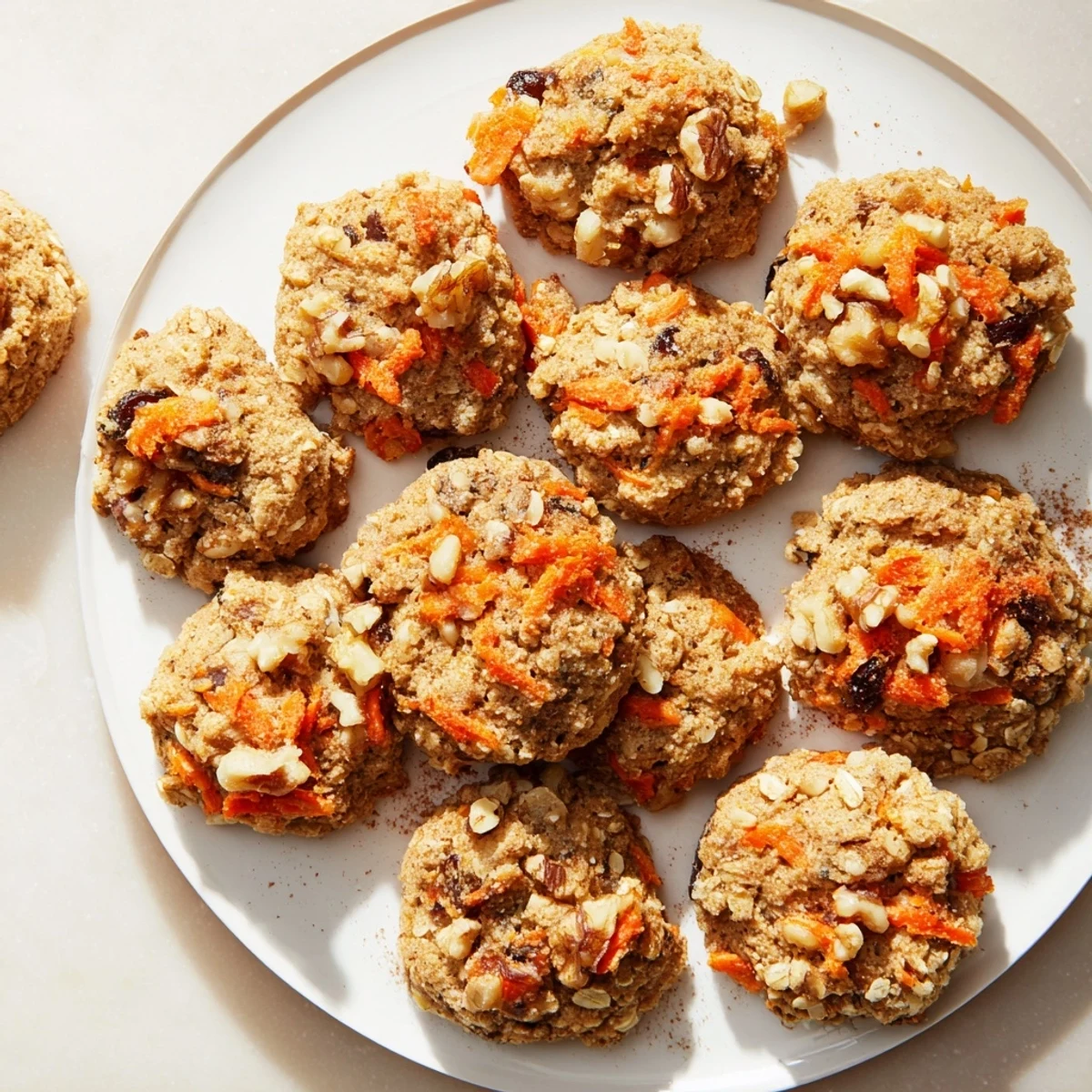 Soft spiced carrot cake cookies with raisins and walnuts on a white plate