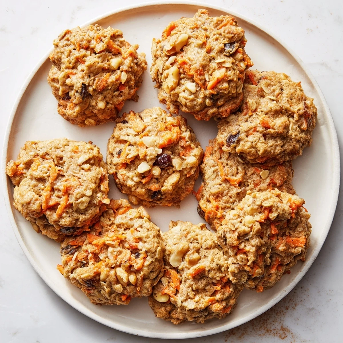 Golden chewy carrot cake cookies topped with chopped walnuts and grated carrot shreds