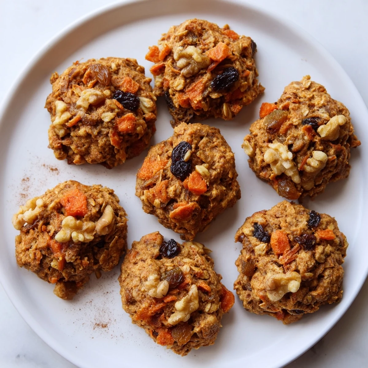 Freshly baked carrot cake cookies loaded with carrots, walnuts, and sweet raisins visible