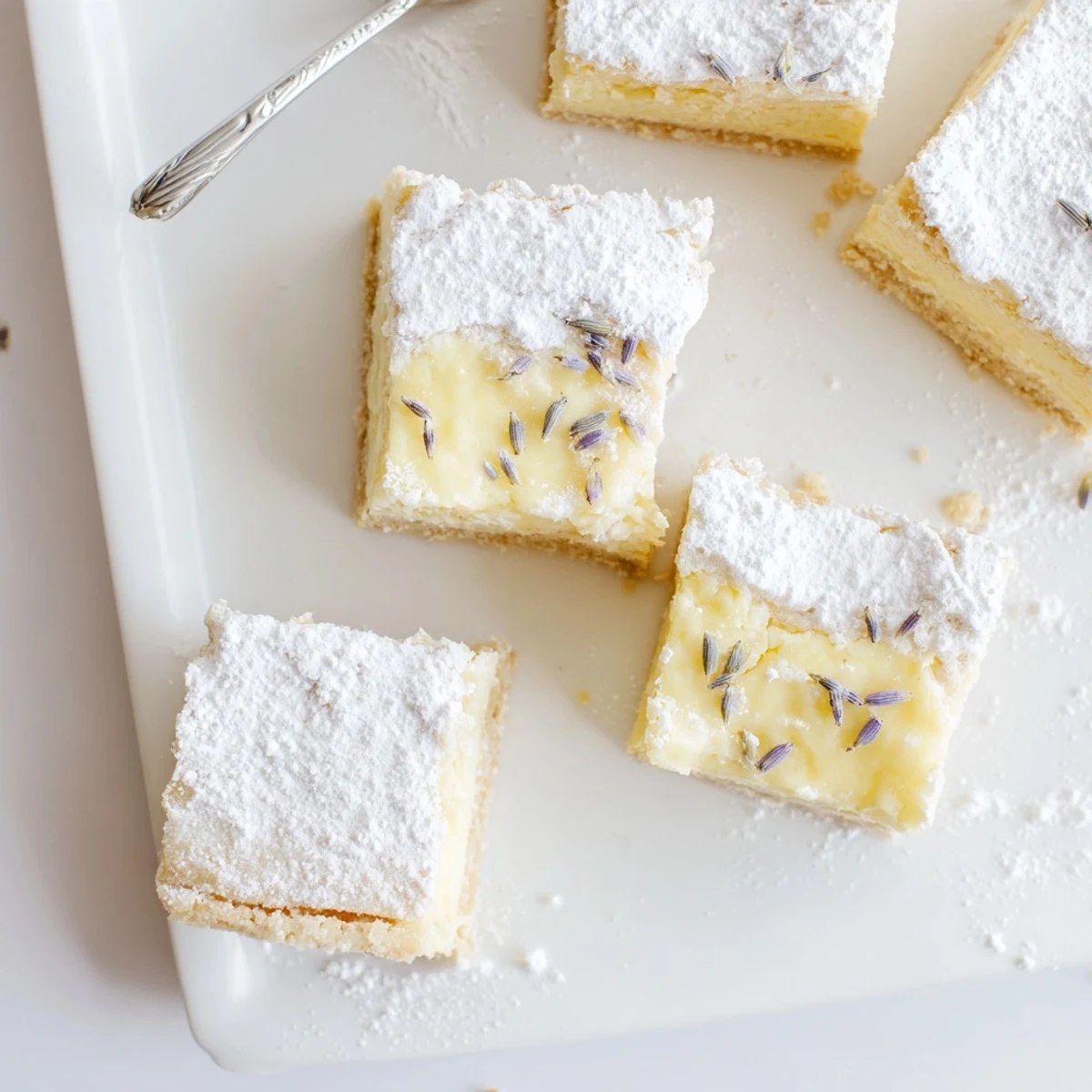 Golden lavender lemon cream bars dusted with powdered sugar on a white serving plate