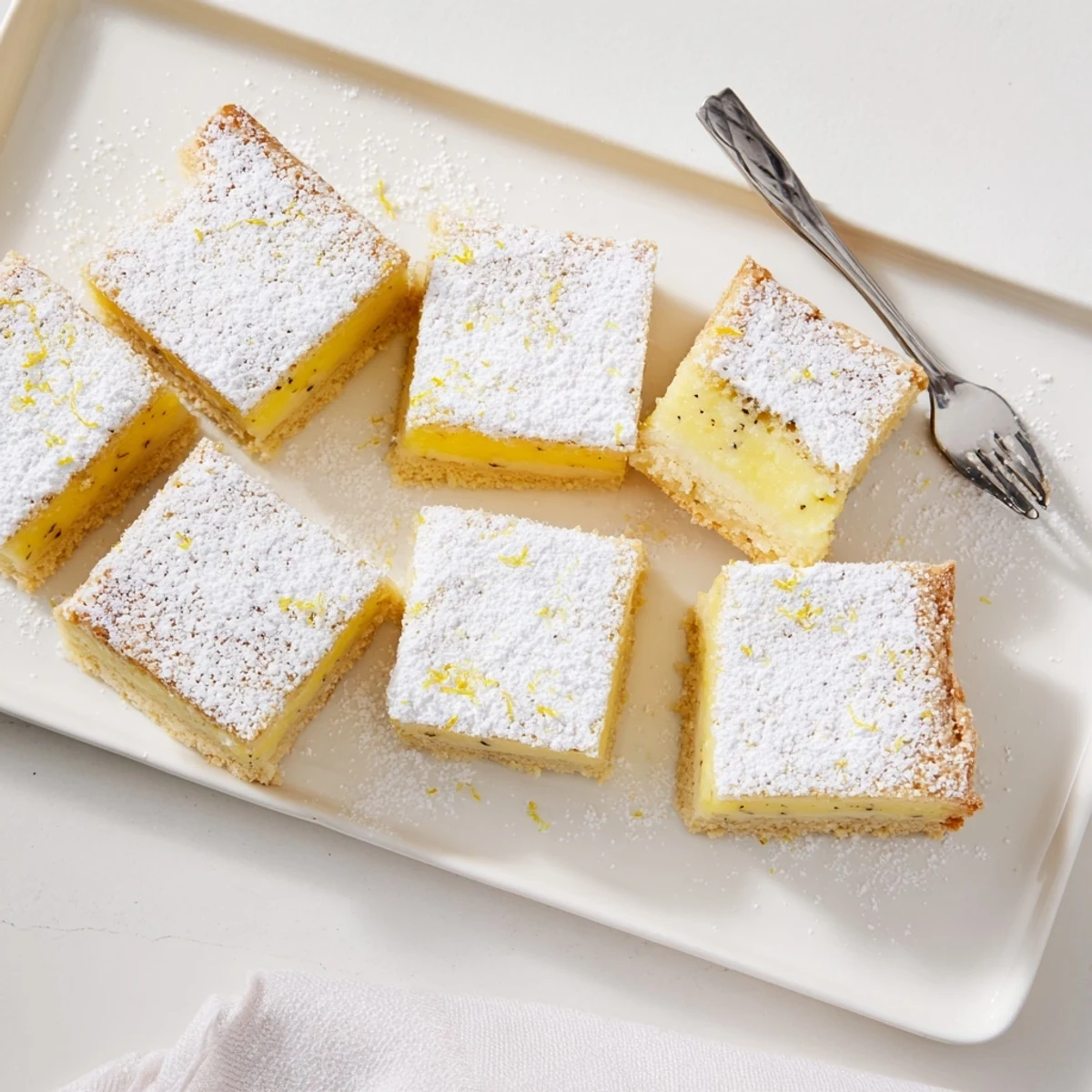 Elegant rectangular lemon bars with aromatic lavender infusion finished with a sweet powdered sugar coating