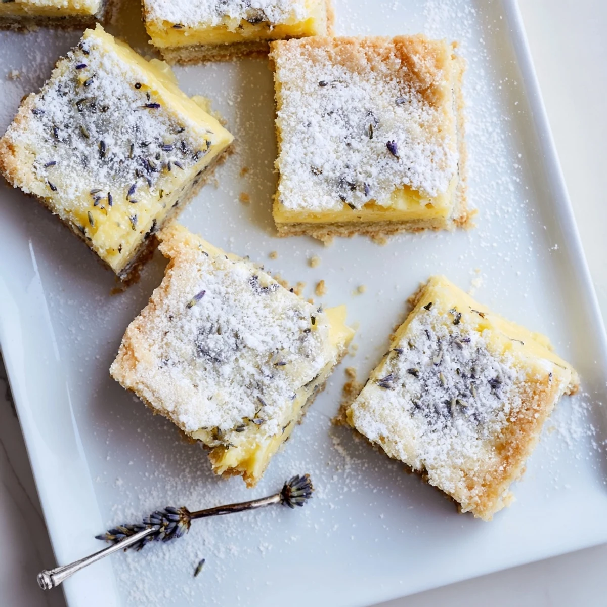 Buttery shortbread crust topped with creamy lemon-lavender filling and a delicate snow of powdered sugar