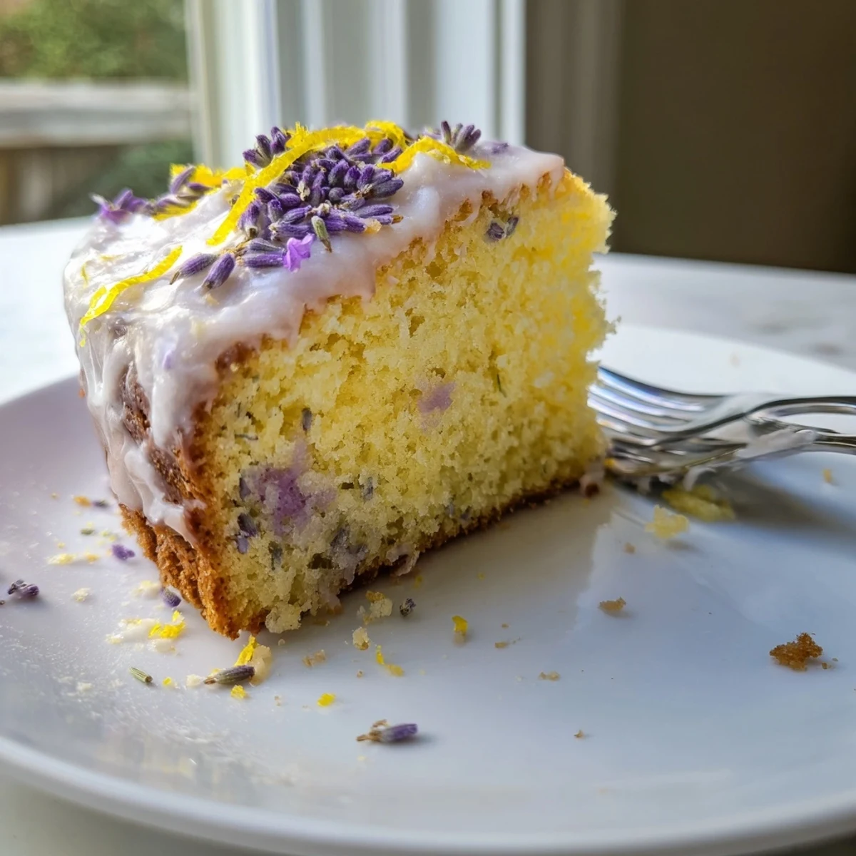 Golden lemon lavender cake drizzled with white glaze and sprinkled with purple lavender buds on a white plate