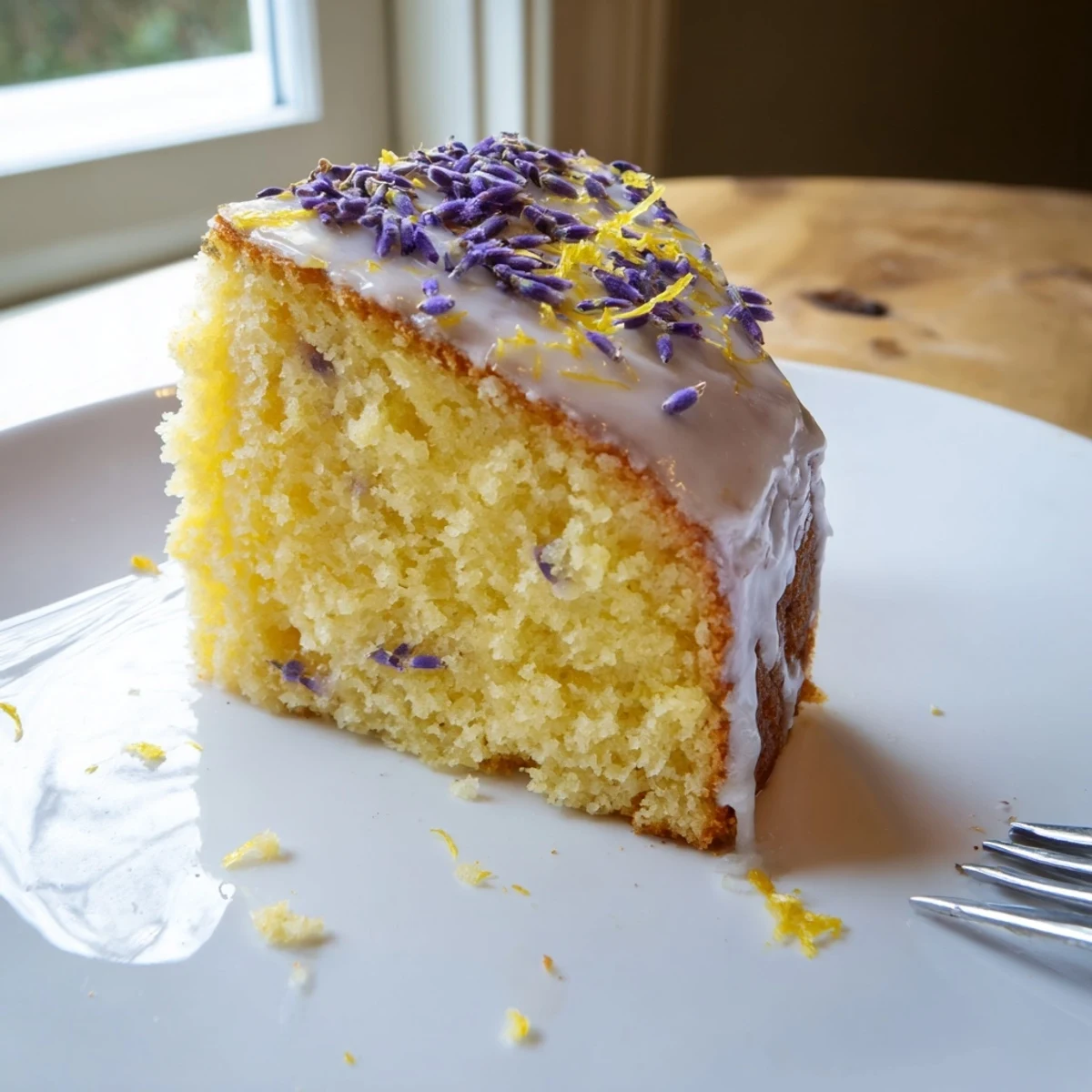 Moist lemon lavender cake slice revealing tender yellow crumb with zesty citrus glaze on a rustic wooden board
