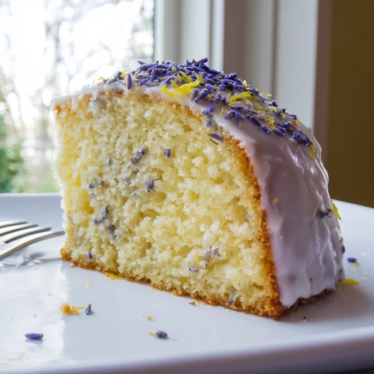 Fragrant lemon lavender cake topped with glossy icing and edible lavender flowers served on a ceramic dessert plate