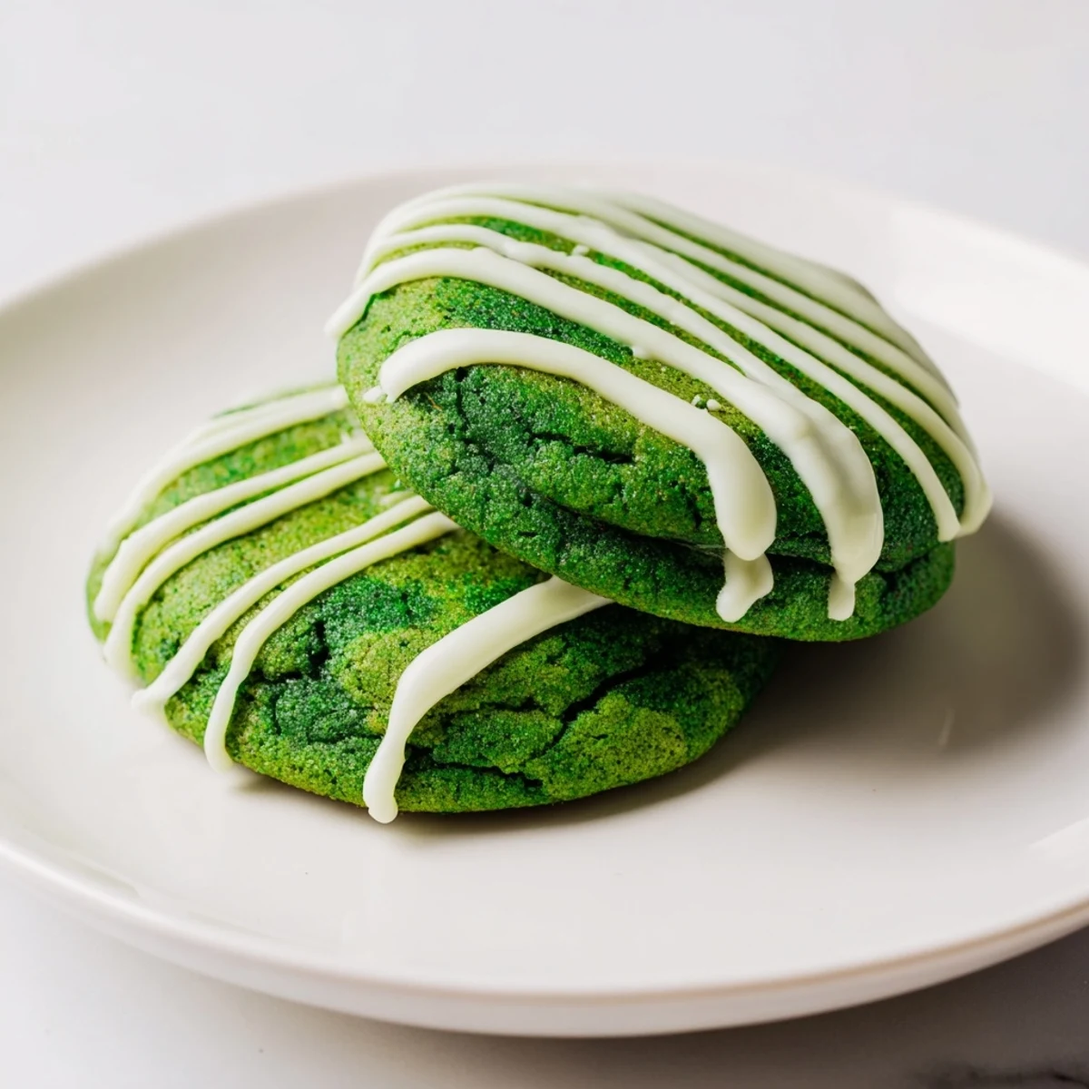 Vibrant green cookies topped with sweet white chocolate drizzle for festive holiday desserts