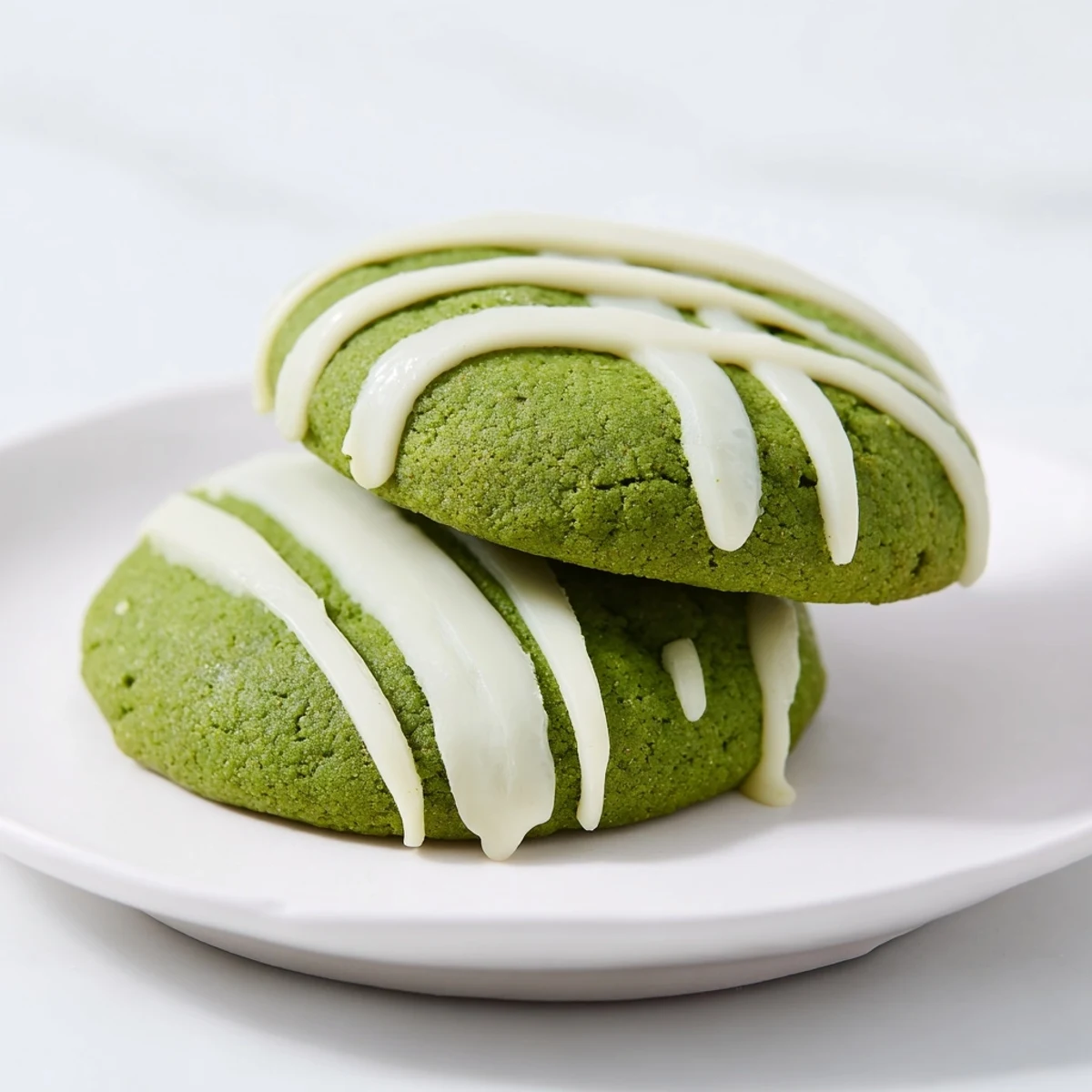 Soft green velvet cookies drizzled with melted white chocolate on a white plate