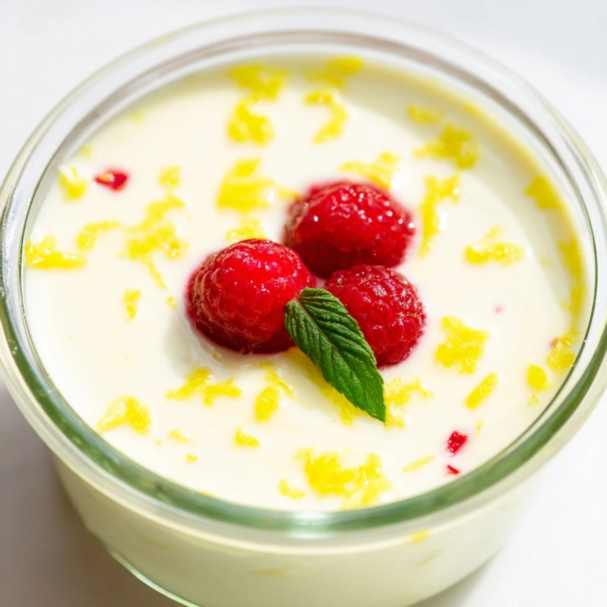 Silky smooth lemon posset set in clear glass topped with fresh raspberries and mint