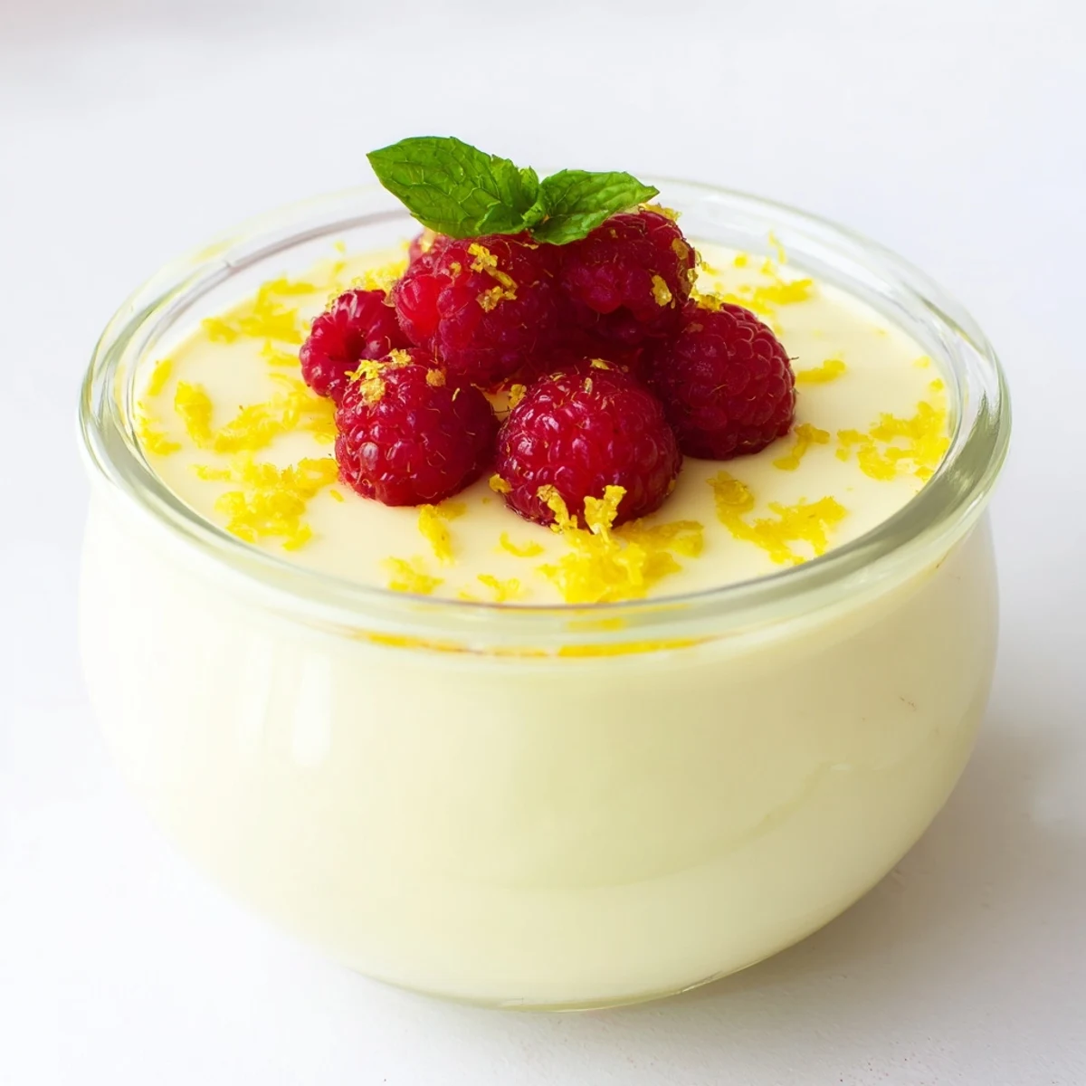 Golden lemon posset garnished with blueberries on white plate alongside crisp shortbread cookies