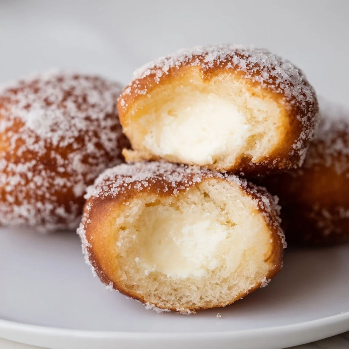 Golden brown bomboloni cream donuts dusted with sugar on a white serving plate